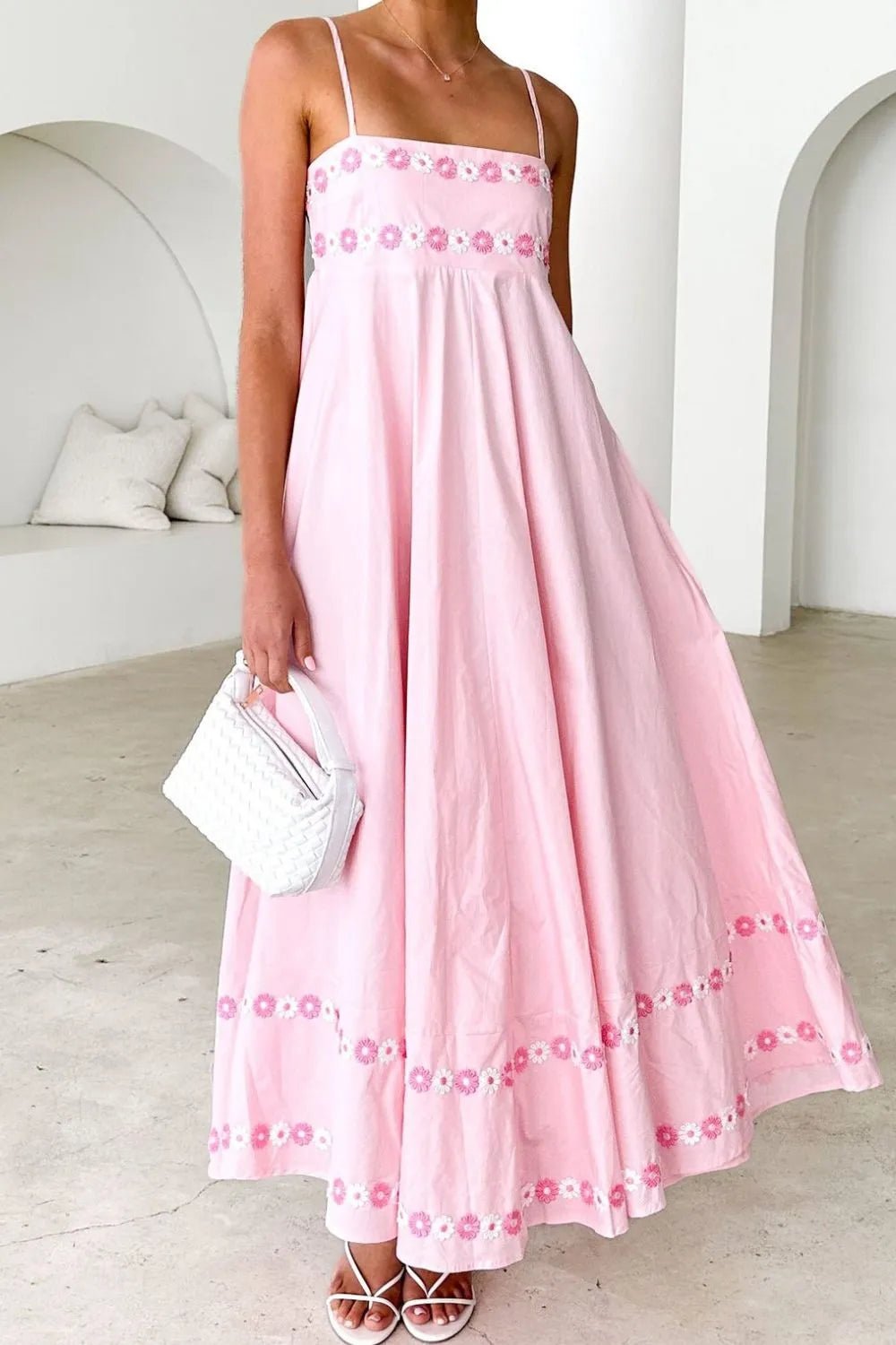 Floral Embroidered Spaghetti Strap Maxi Dress - Lookzlike
