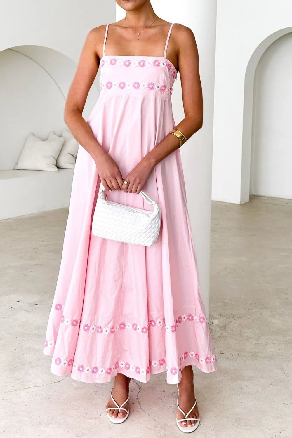 Floral Embroidered Spaghetti Strap Maxi Dress - Lookzlike