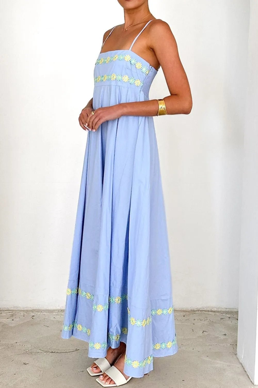 Floral Embroidered Spaghetti Strap Maxi Dress - Lookzlike