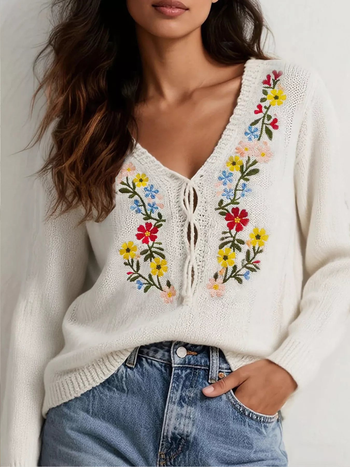 Floral Embroidered V - Neck Sweater designed for comfort and style at Lookzlike