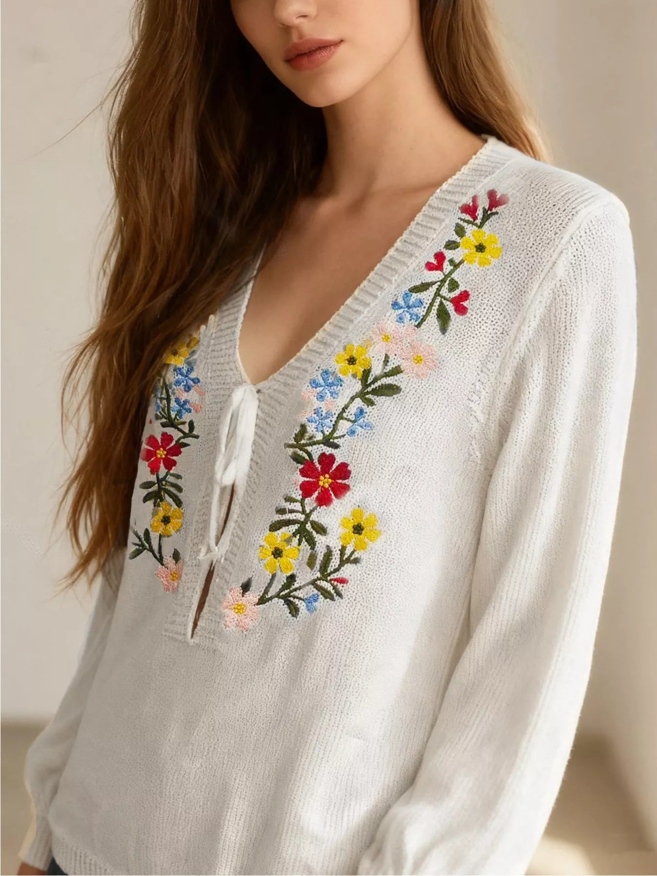 Floral Embroidered V - Neck Sweater designed for comfort and style at Lookzlike