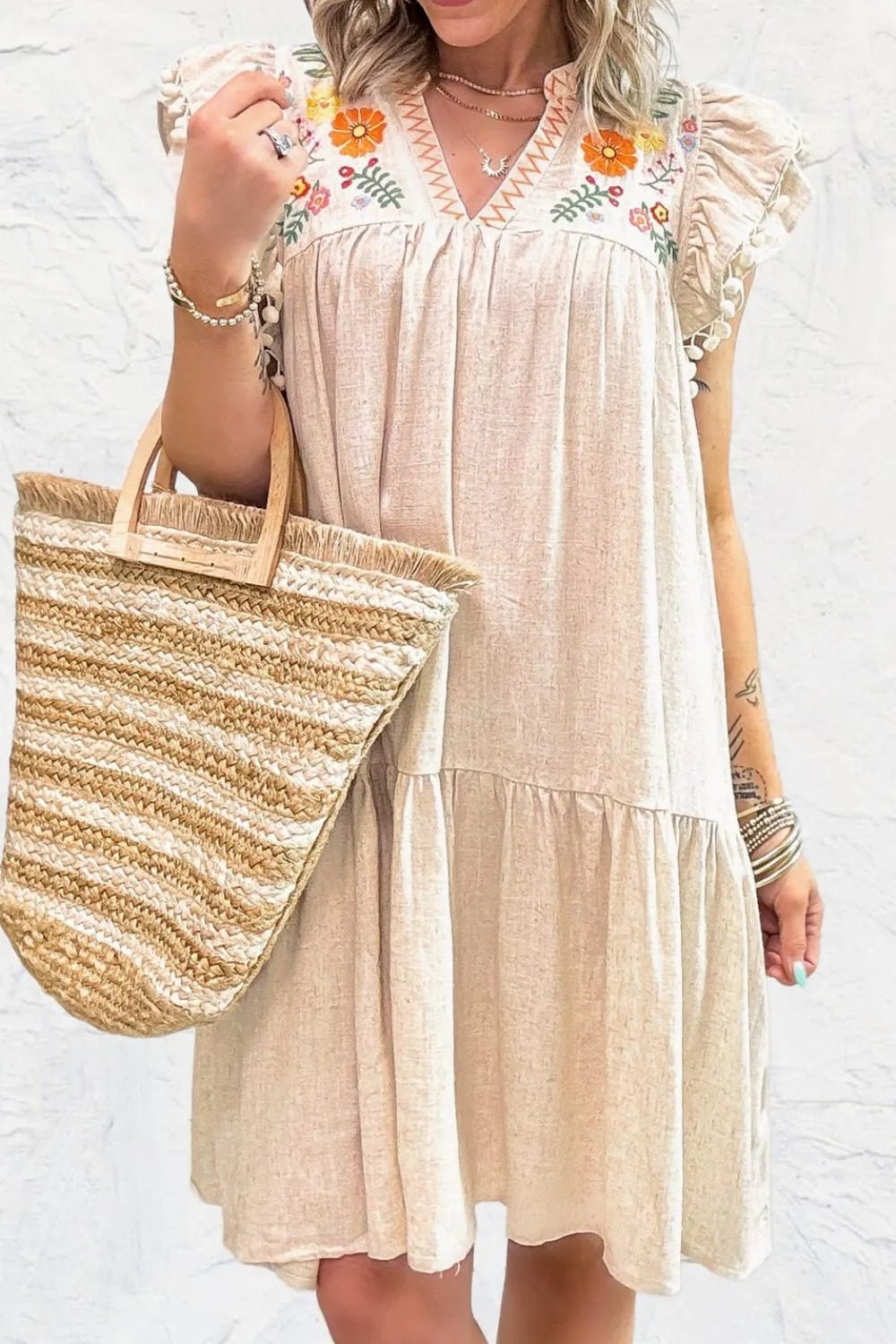Floral Embroidery Pom Pom Ruffle Sleeves Mini Dress designed for comfort and style at Lookzlike