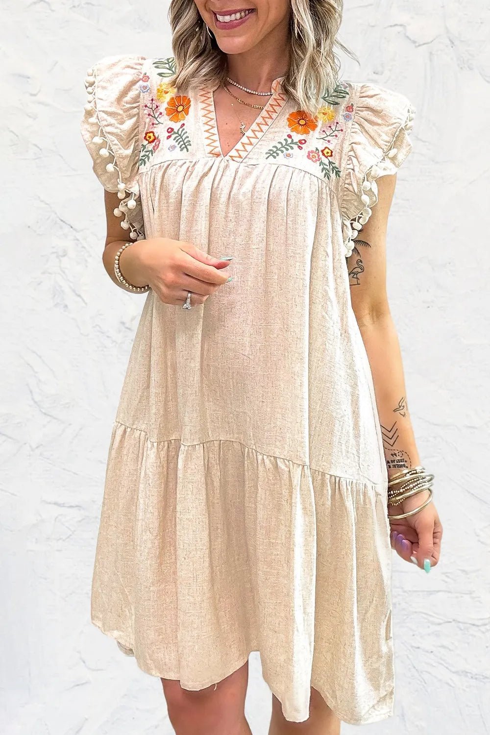 Floral Embroidery Pom Pom Ruffle Sleeves Mini Dress designed for comfort and style at Lookzlike