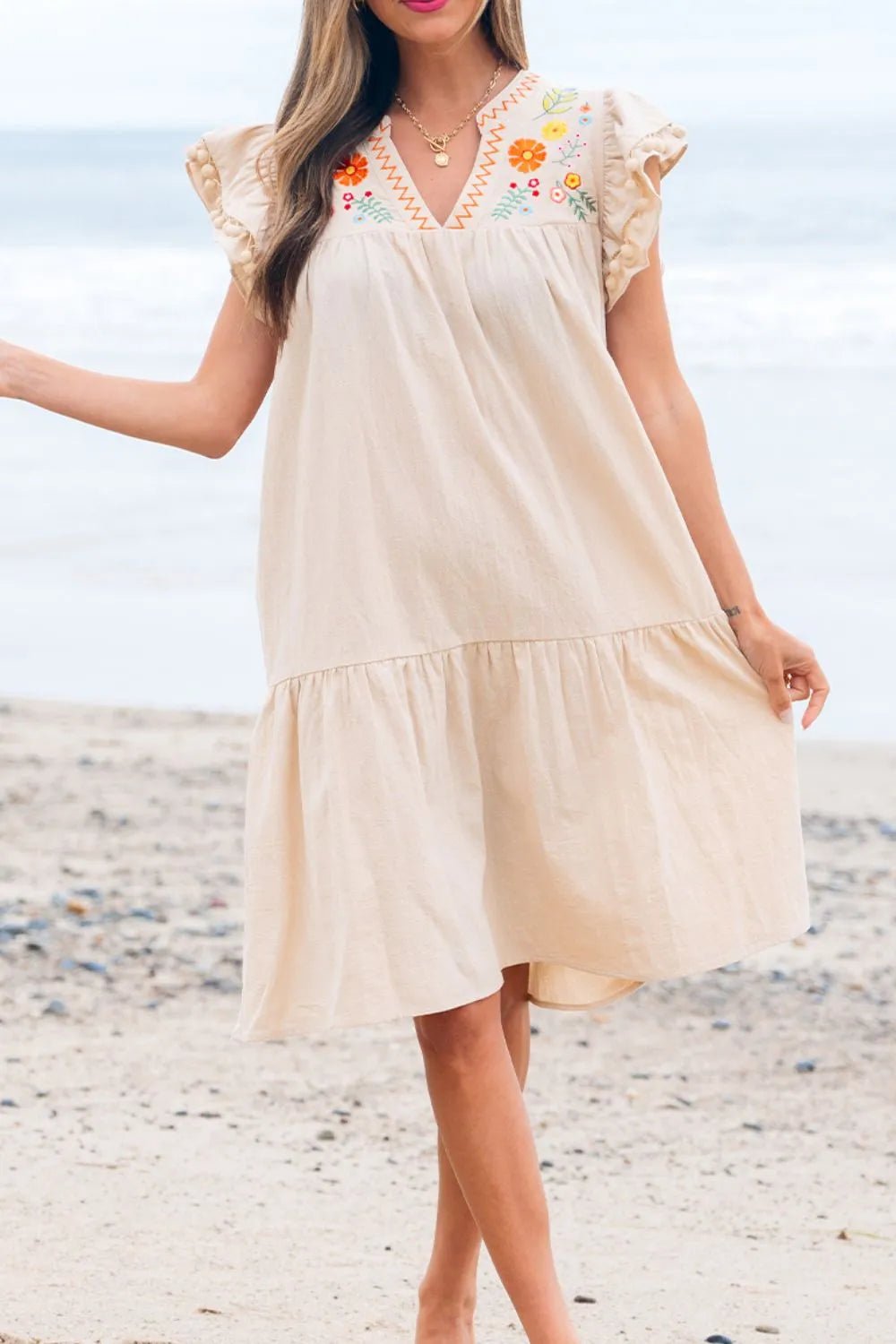 Floral Embroidery Pom Pom Ruffle Sleeves Mini Dress designed for comfort and style at Lookzlike