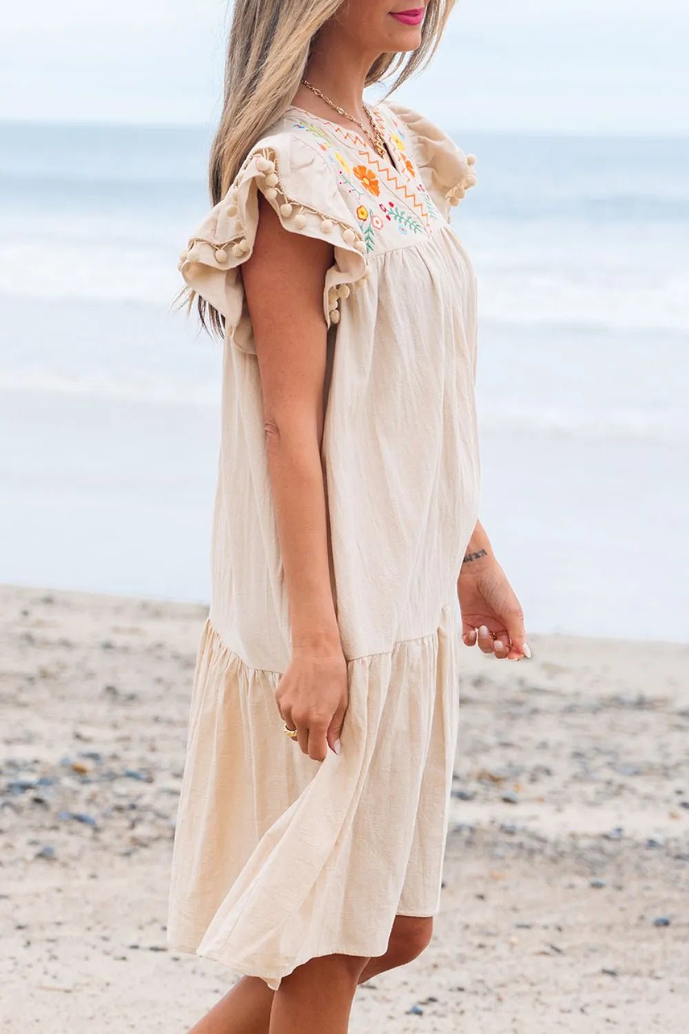 Floral Embroidery Pom Pom Ruffle Sleeves Mini Dress designed for comfort and style at Lookzlike