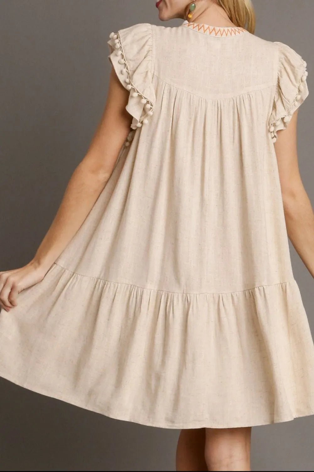 Floral Embroidery Pom Pom Ruffle Sleeves Mini Dress designed for comfort and style at Lookzlike