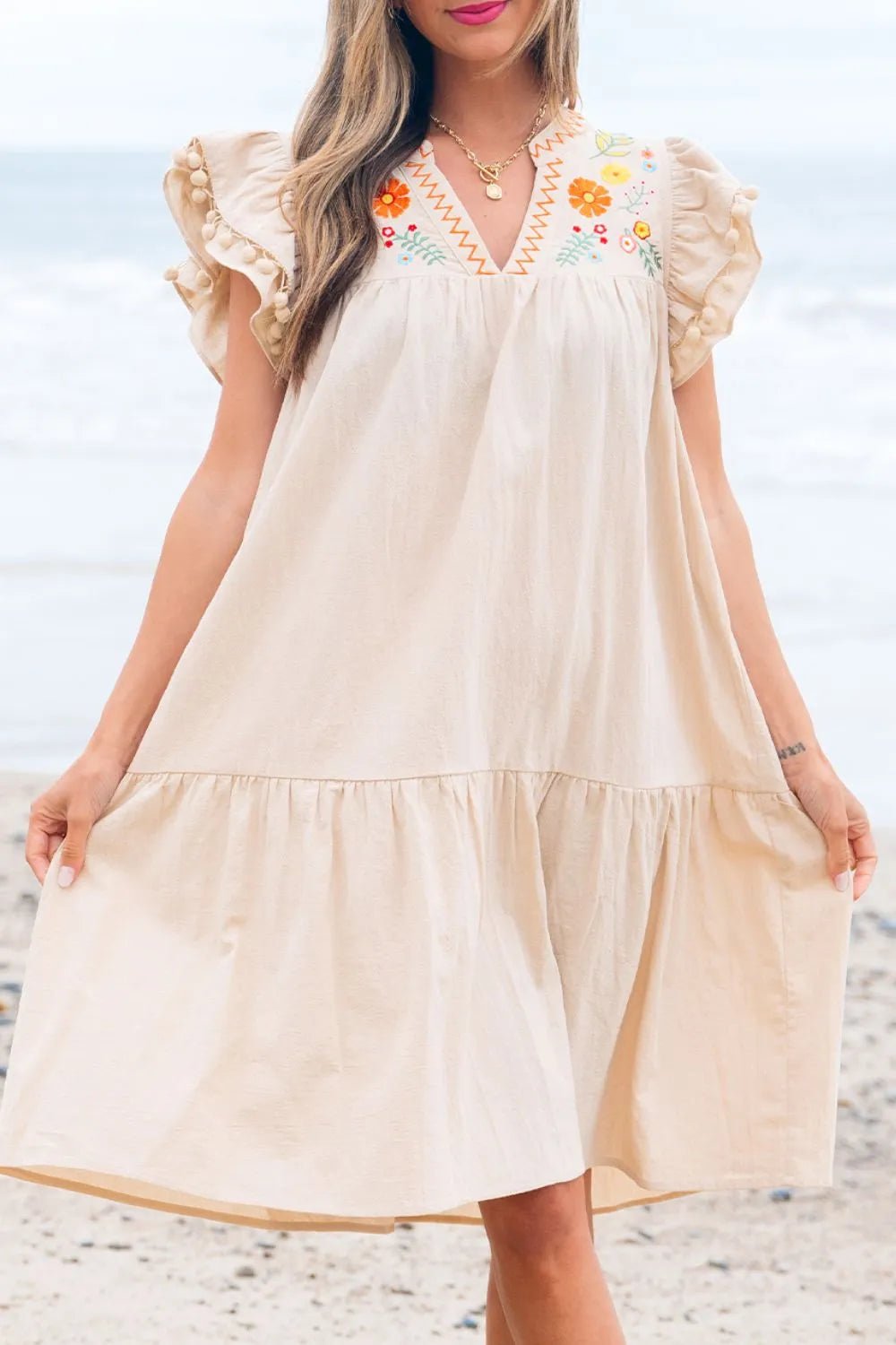 Floral Embroidery Pom Pom Ruffle Sleeves Mini Dress designed for comfort and style at Lookzlike