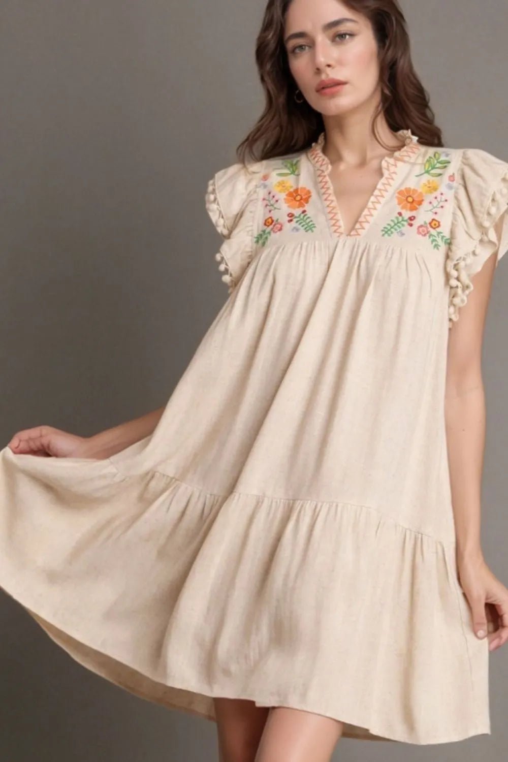 Floral Embroidery Pom Pom Ruffle Sleeves Mini Dress designed for comfort and style at Lookzlike