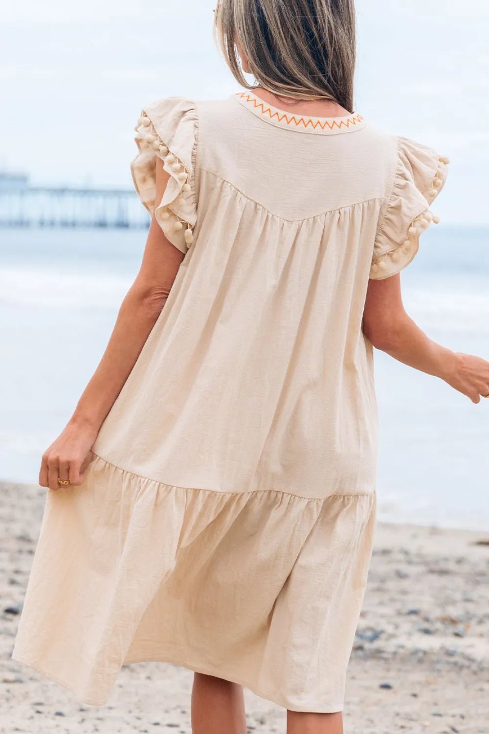 Floral Embroidery Pom Pom Ruffle Sleeves Mini Dress designed for comfort and style at Lookzlike