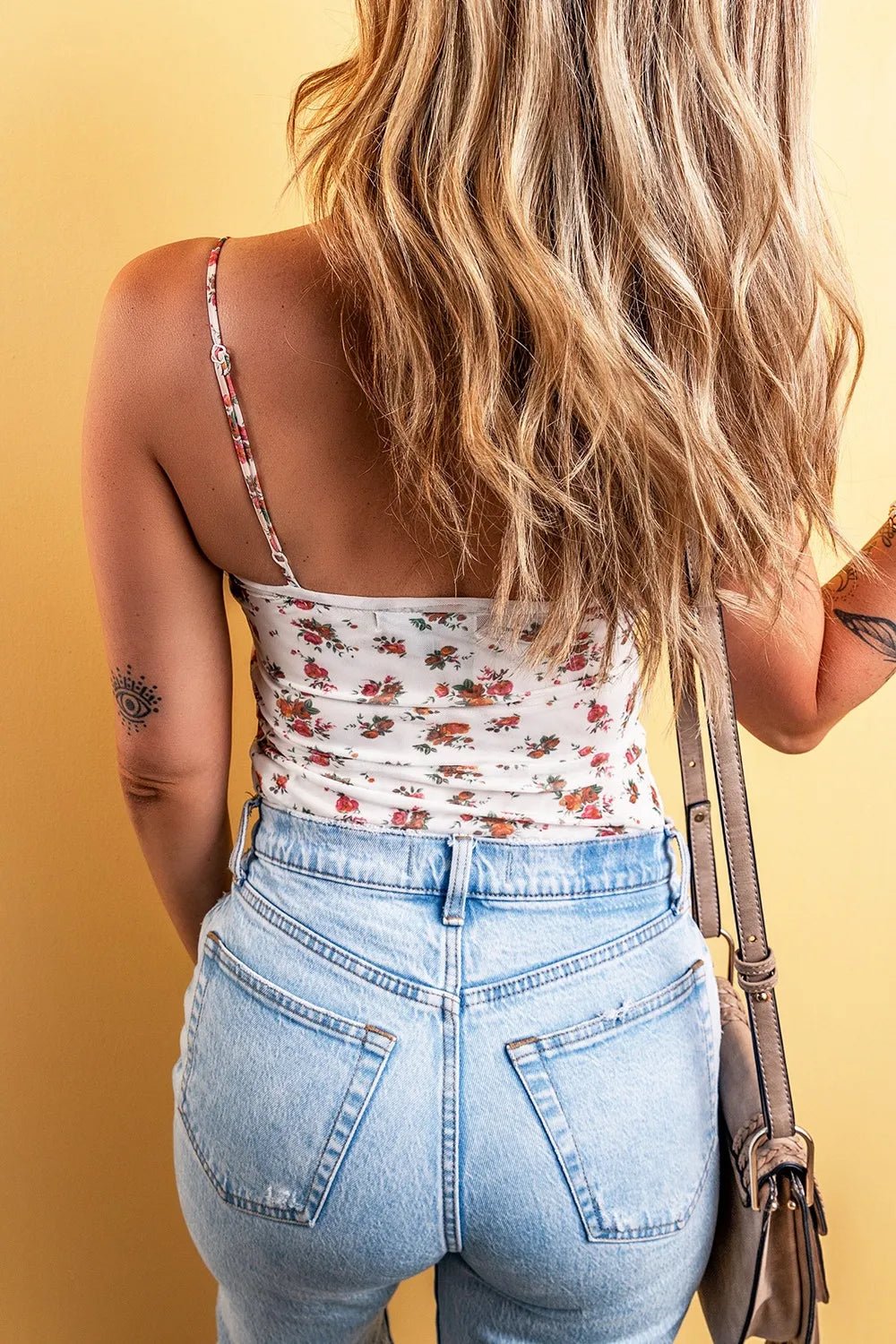 Floral Frilled Trim Spaghetti Straps Bodysuit - Lookzlike