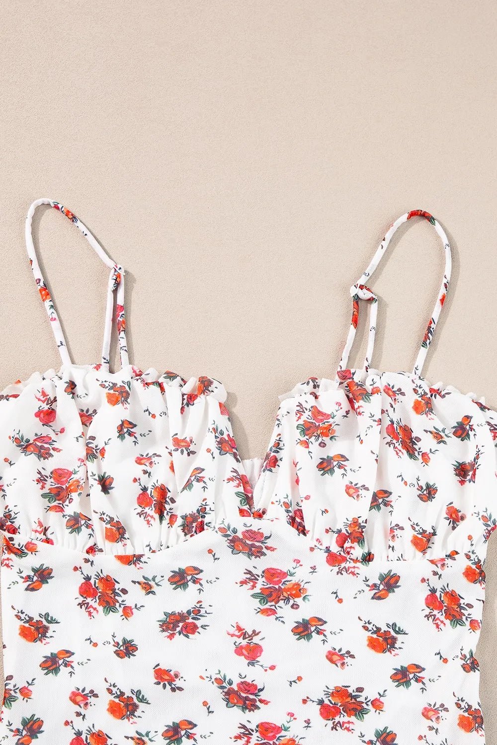 Floral Frilled Trim Spaghetti Straps Bodysuit - Lookzlike