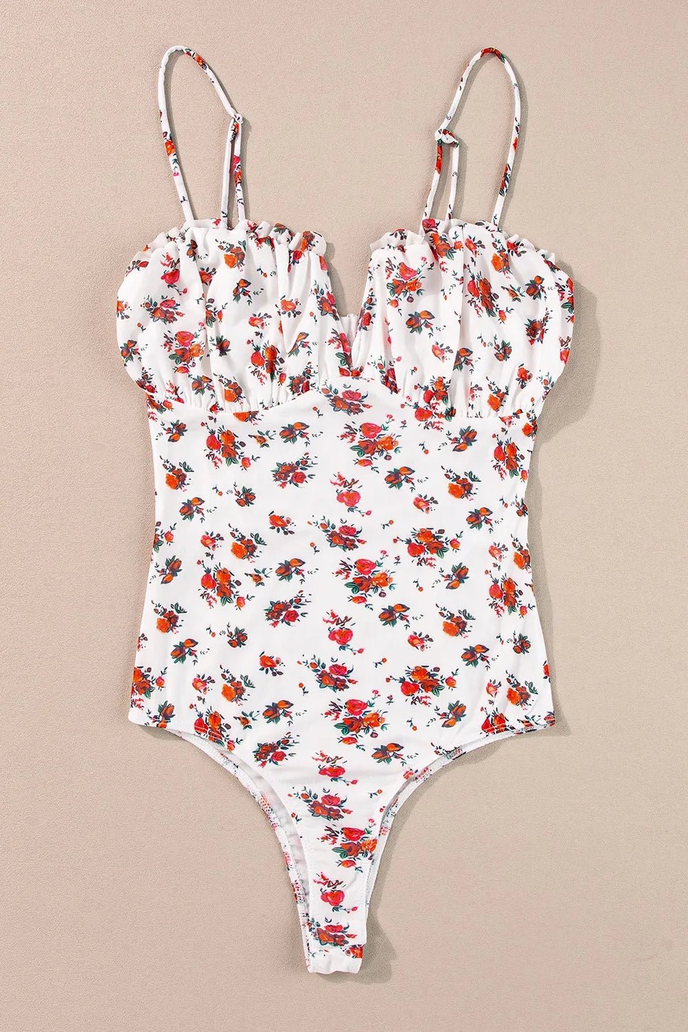 Floral Frilled Trim Spaghetti Straps Bodysuit - Lookzlike
