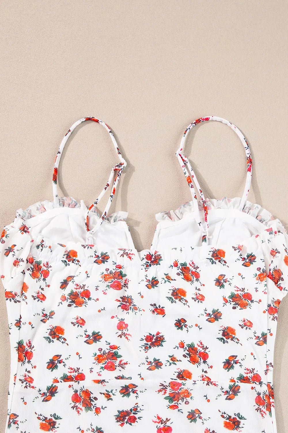 Floral Frilled Trim Spaghetti Straps Bodysuit - Lookzlike
