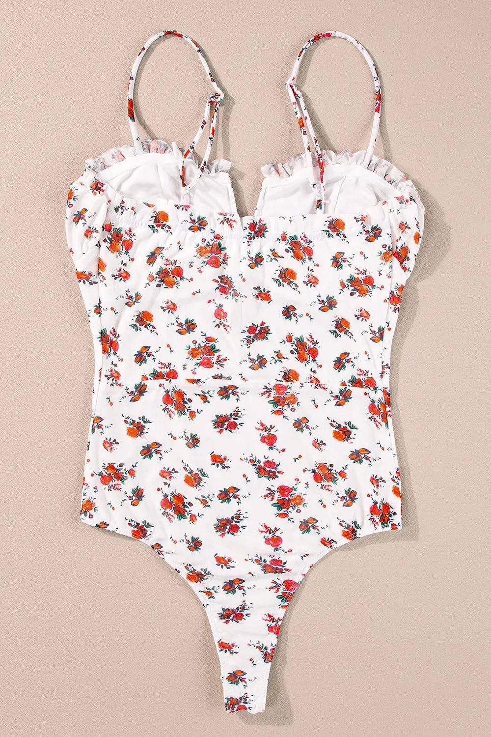 Floral Frilled Trim Spaghetti Straps Bodysuit - Lookzlike