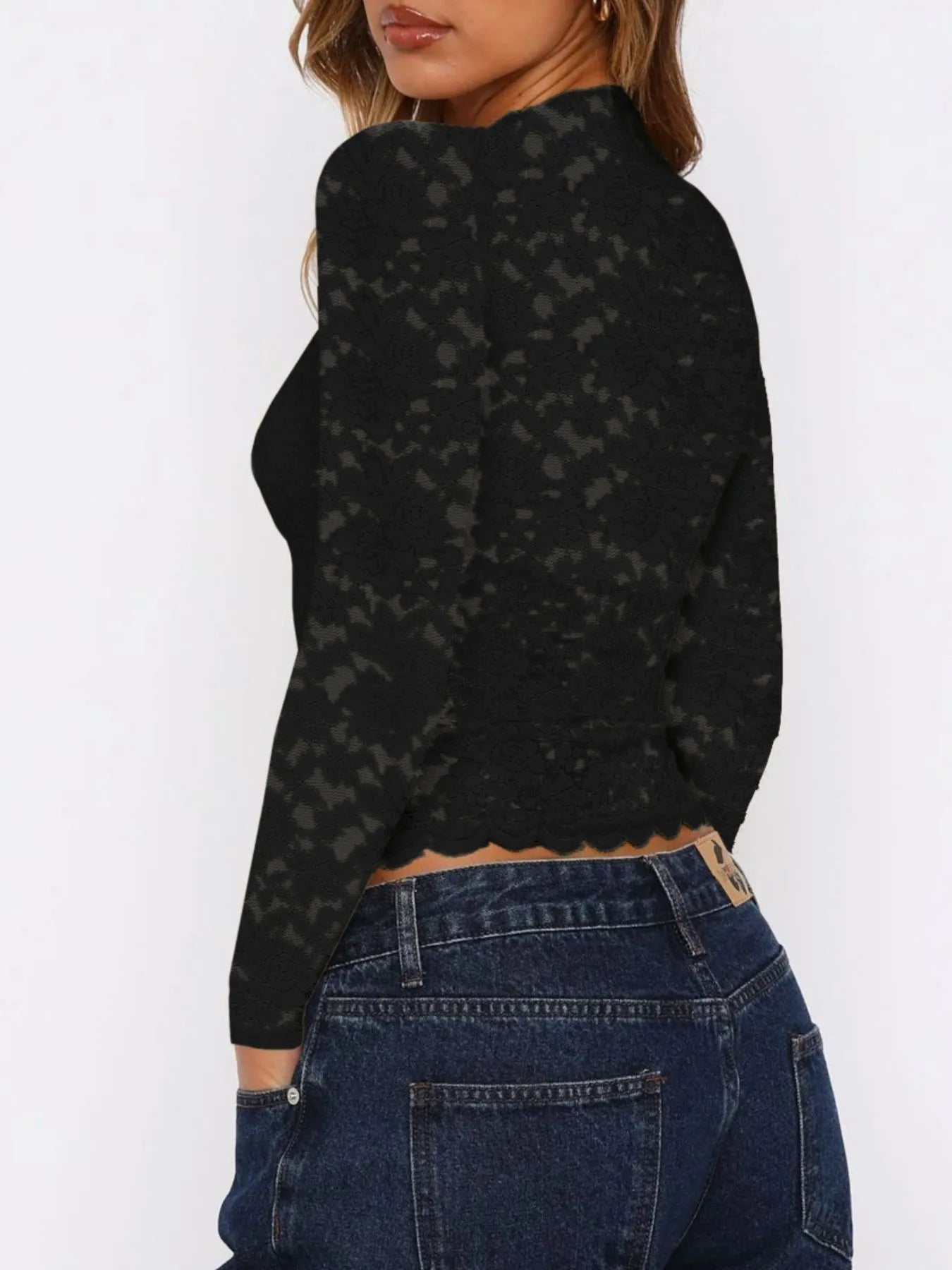 Floral Lace Long Sleeve Deep V - Neck Blouse with Scalloped Hem designed for comfort and style at Lookzlike