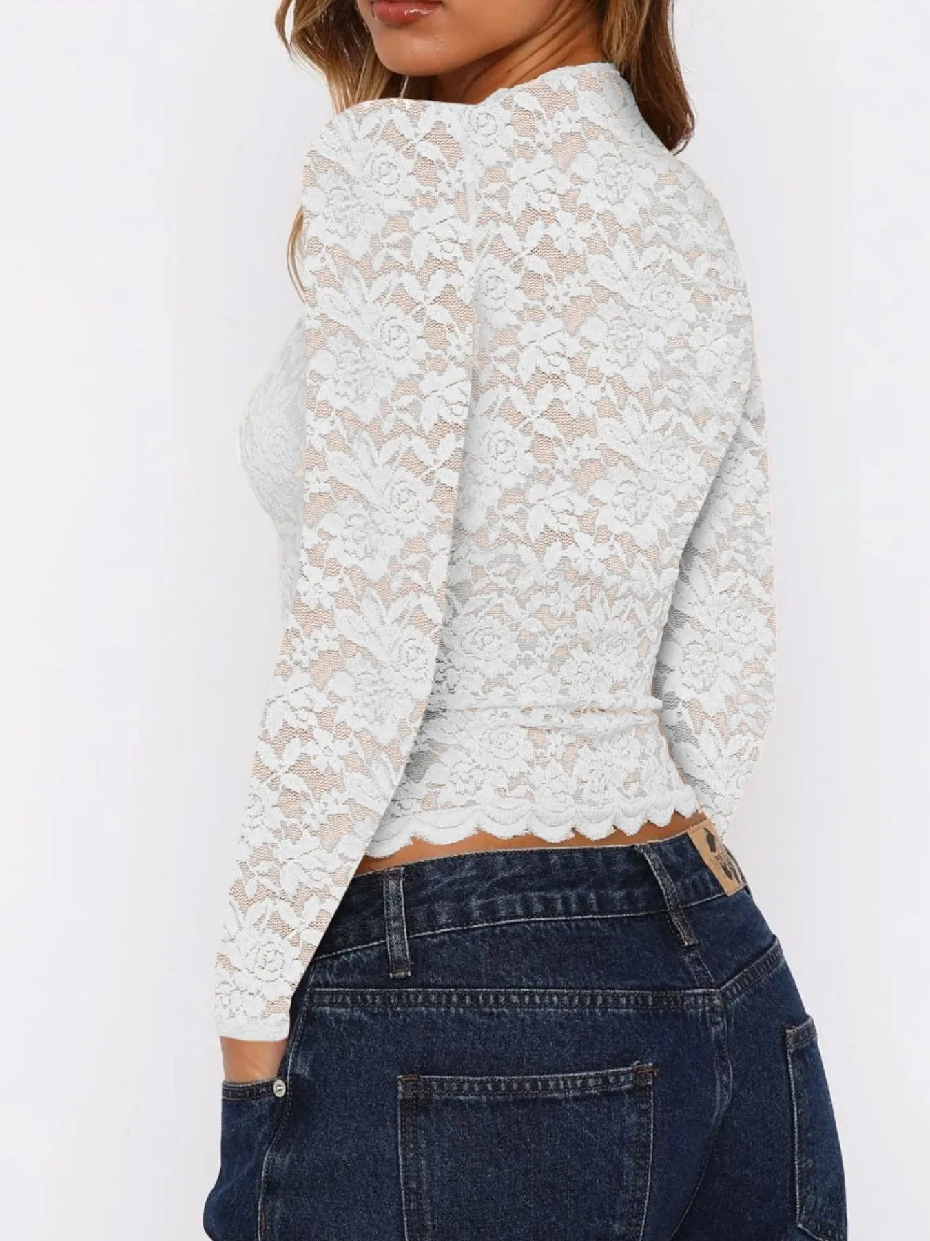 Floral Lace Long Sleeve Deep V - Neck Blouse with Scalloped Hem designed for comfort and style at Lookzlike