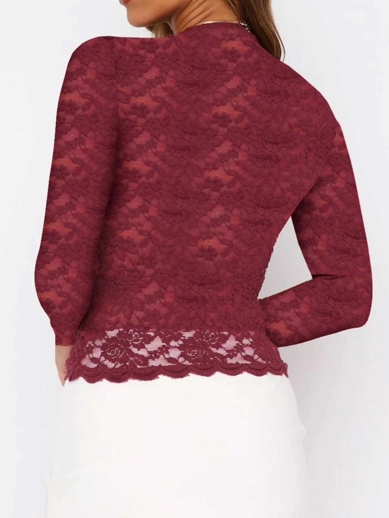 Floral Lace Long Sleeve Deep V - Neck Blouse with Scalloped Hem designed for comfort and style at Lookzlike