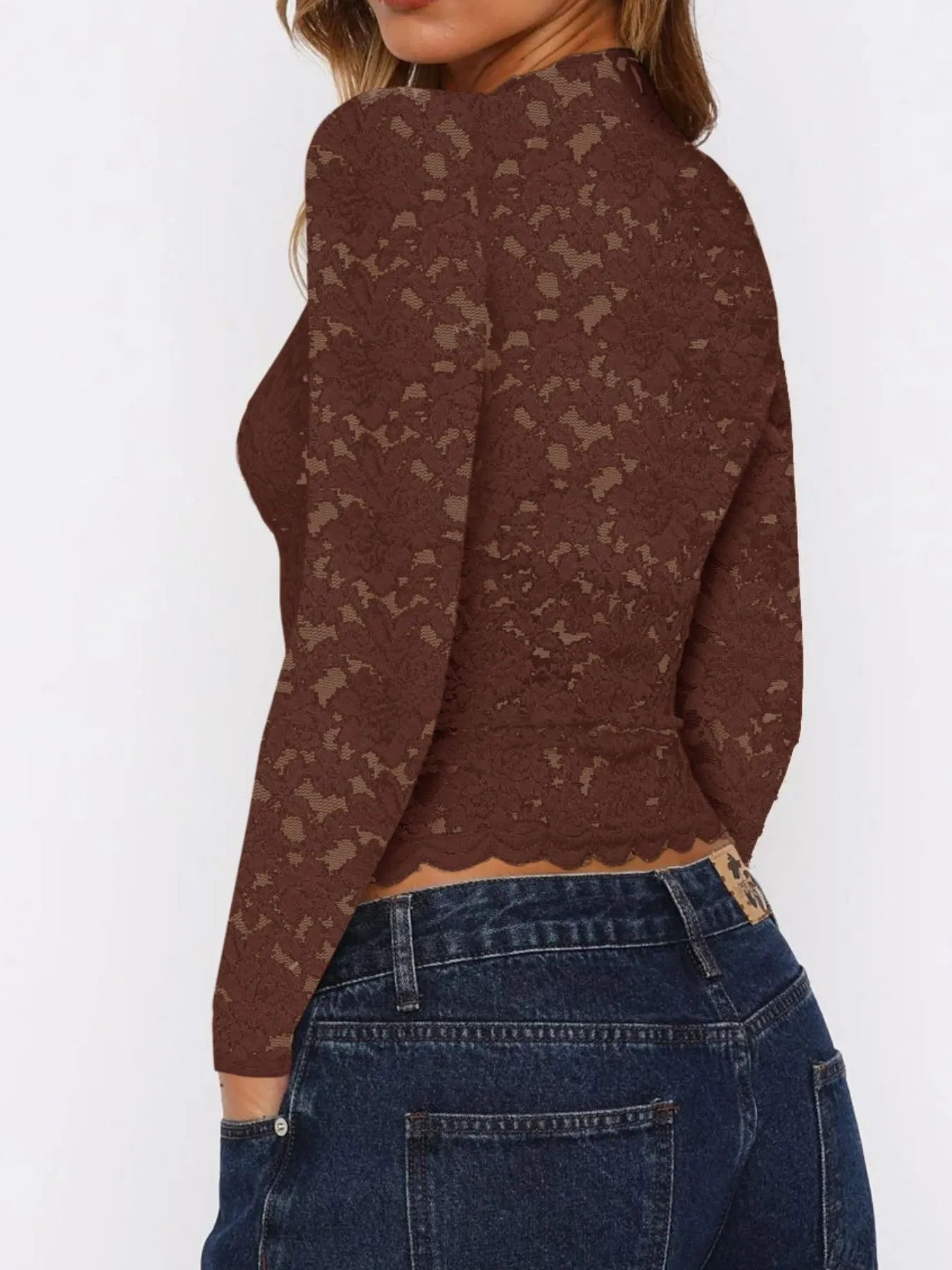 Floral Lace Long Sleeve Deep V - Neck Blouse with Scalloped Hem designed for comfort and style at Lookzlike