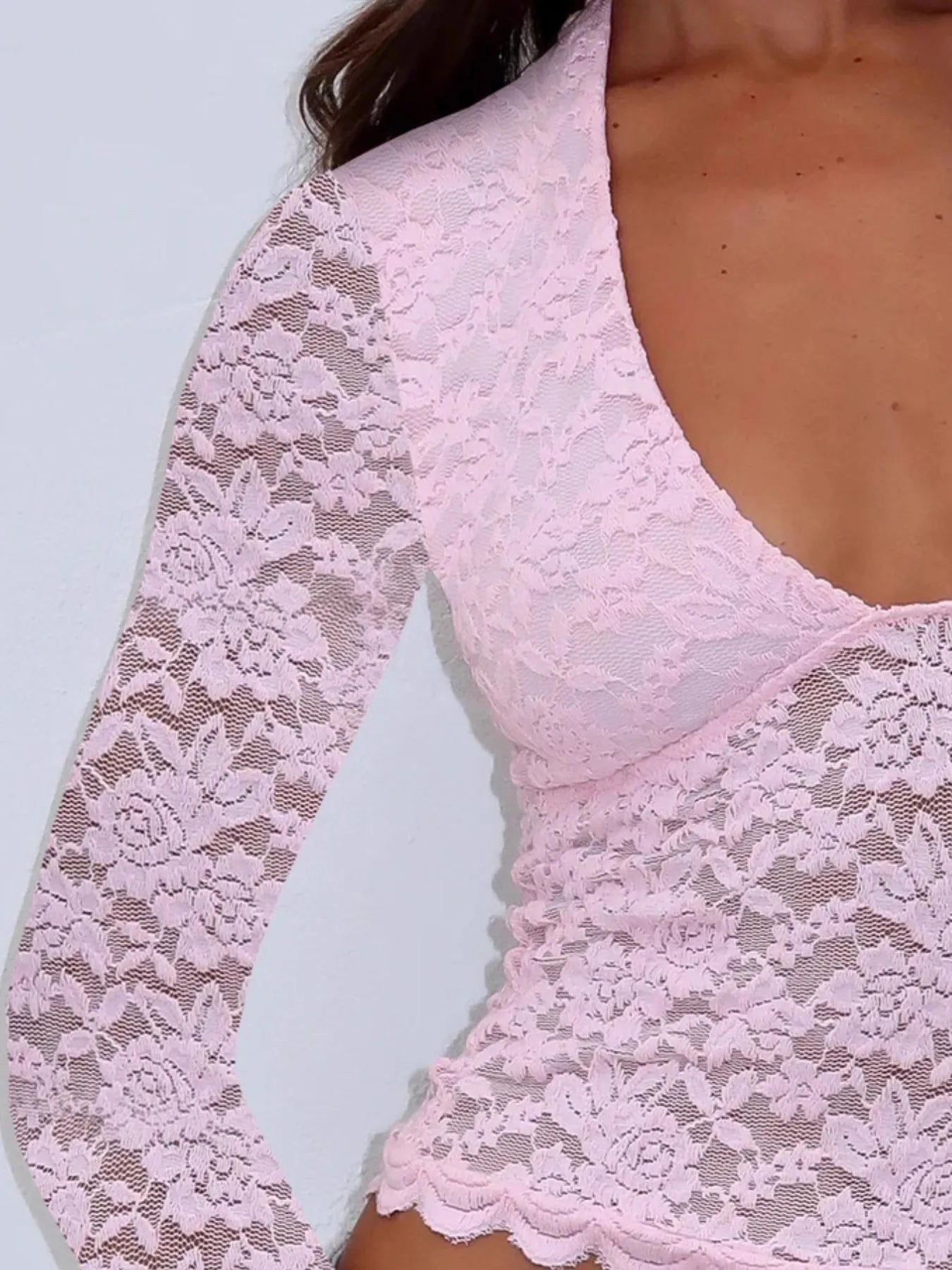Floral Lace Long Sleeve Deep V - Neck Blouse with Scalloped Hem designed for comfort and style at Lookzlike