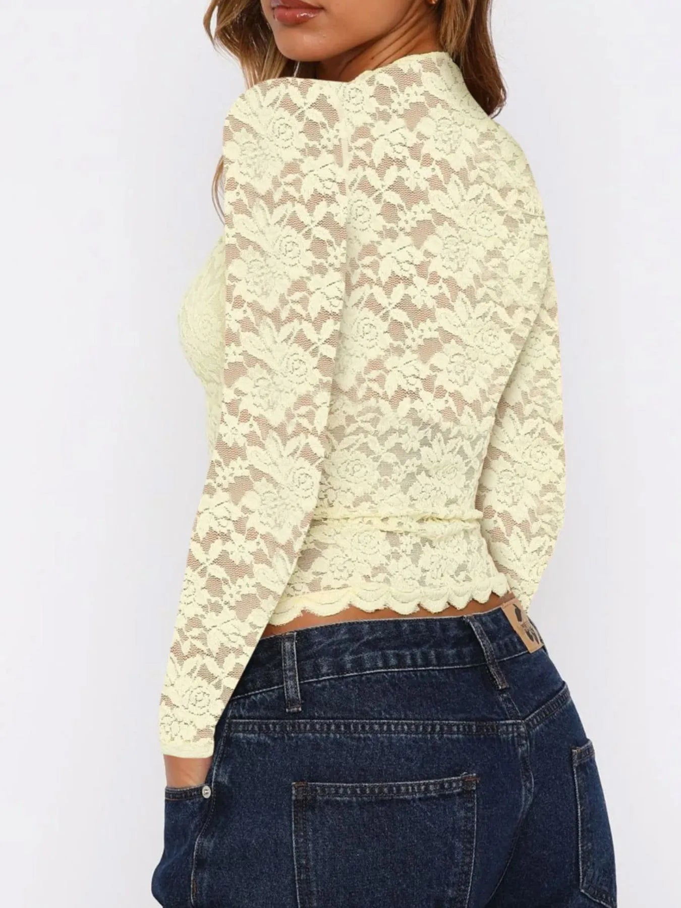 Floral Lace Long Sleeve Deep V - Neck Blouse with Scalloped Hem designed for comfort and style at Lookzlike