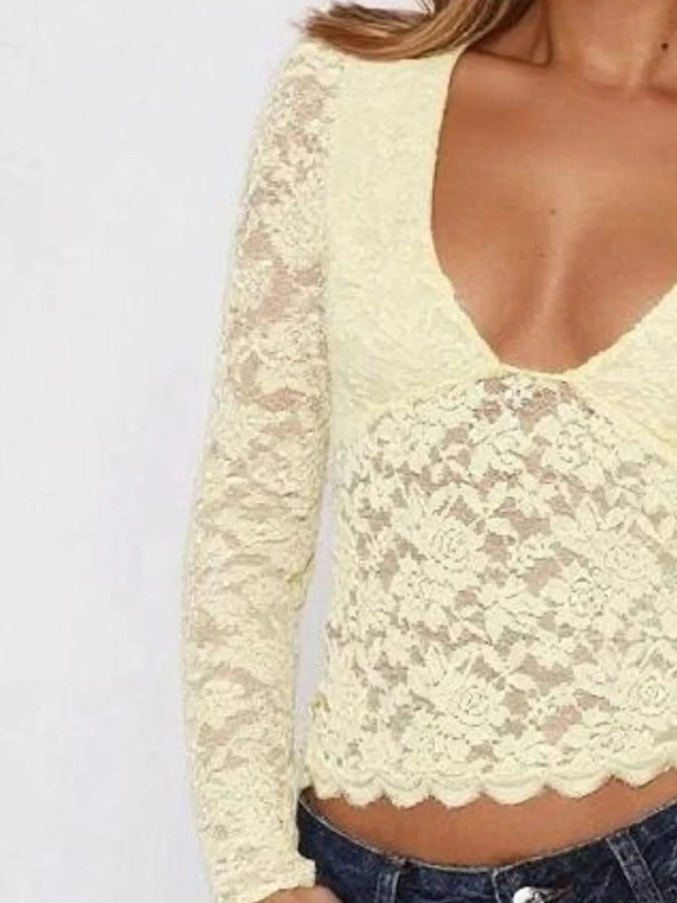 Floral Lace Long Sleeve Deep V - Neck Blouse with Scalloped Hem designed for comfort and style at Lookzlike