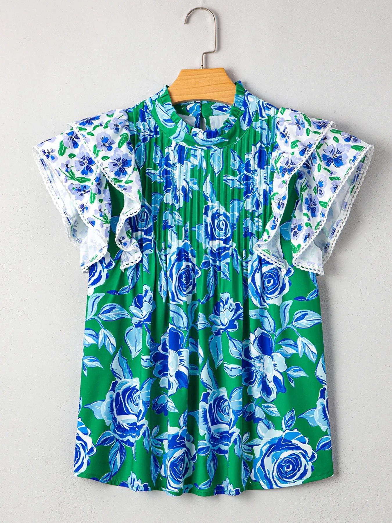 Floral Lace Trim Contrast Ruffle Sleeve Pleated Loose Blouse - Lookzlike
