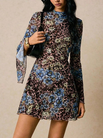 Floral Leopard Print Slit Sleeve Mini Dress designed for comfort and style at Lookzlike