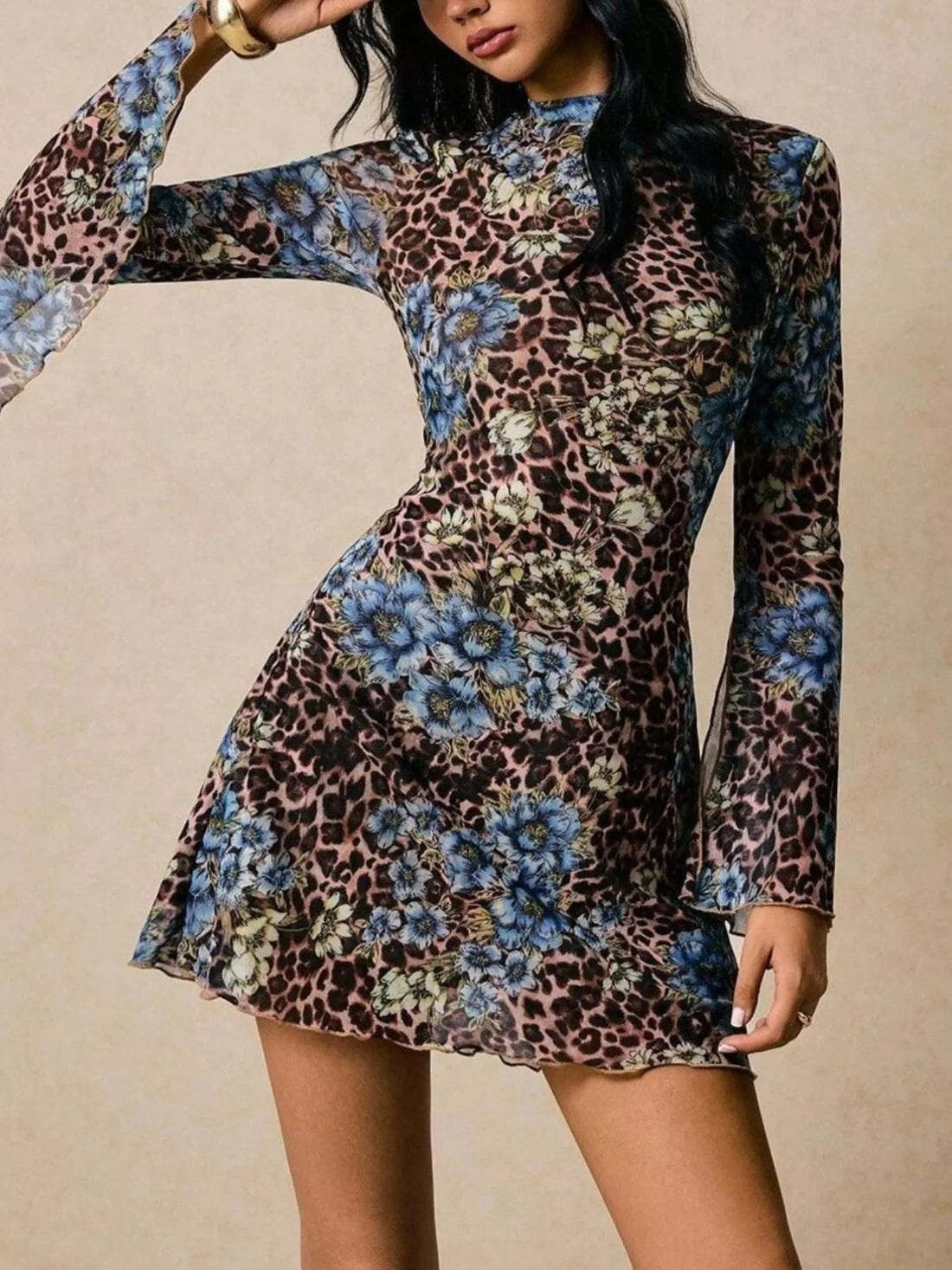 Floral Leopard Print Slit Sleeve Mini Dress designed for comfort and style at Lookzlike
