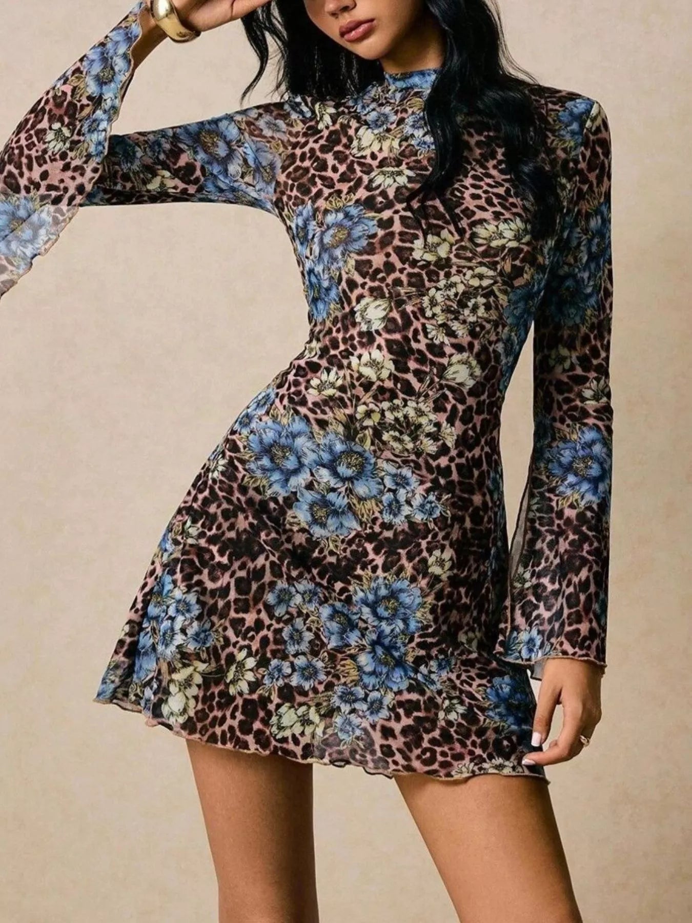 Floral Leopard Print Slit Sleeve Mini Dress designed for comfort and style at Lookzlike