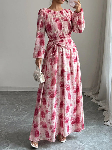 Floral Long Sleeve Maxi Dress with Drawstring Detail Shop at | Lookzlike