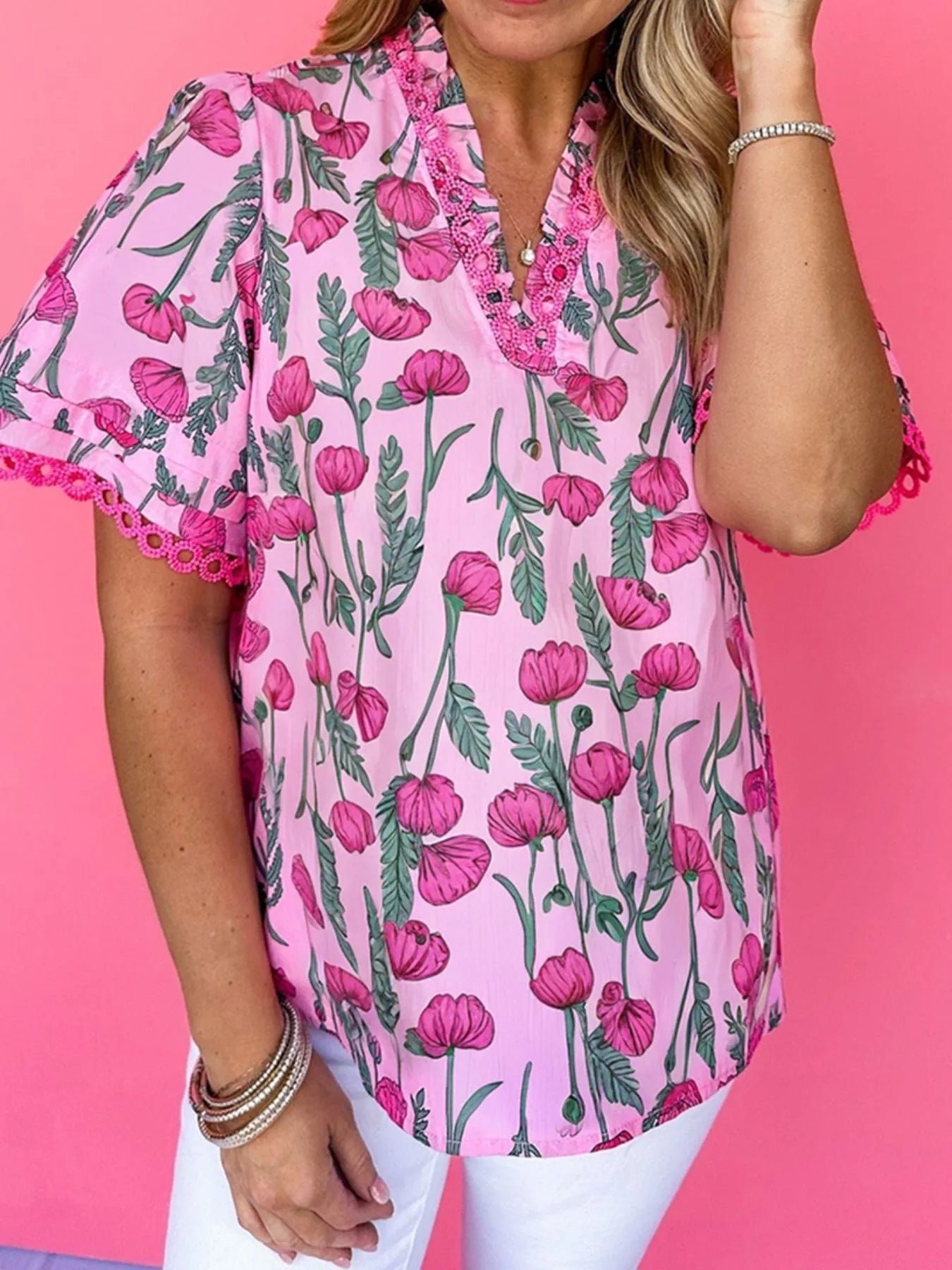 Floral Notched Short Sleeve Blouse - Lookzlike