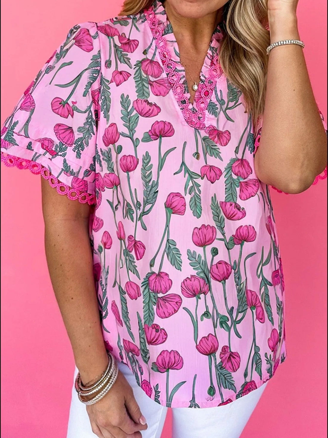 Floral Notched Short Sleeve Blouse - Lookzlike