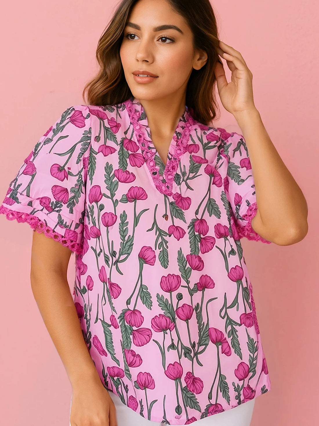 Floral Notched Short Sleeve Blouse - Lookzlike