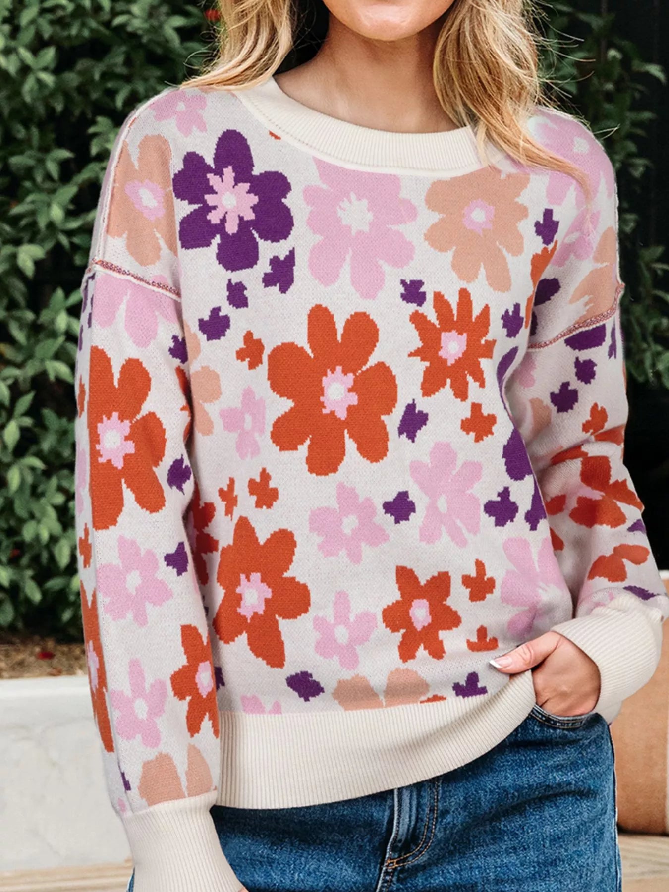 Floral Pattern Drop Shoulder Sweater designed for comfort and style at Lookzlike