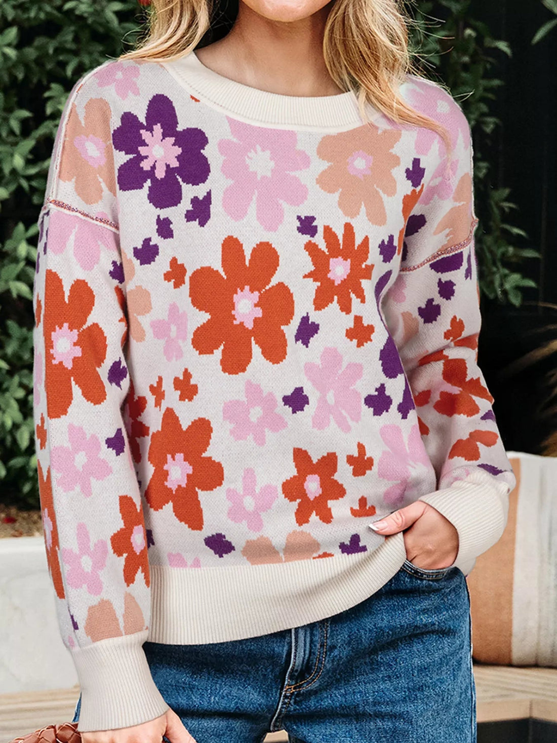 Floral Pattern Drop Shoulder Sweater designed for comfort and style at Lookzlike