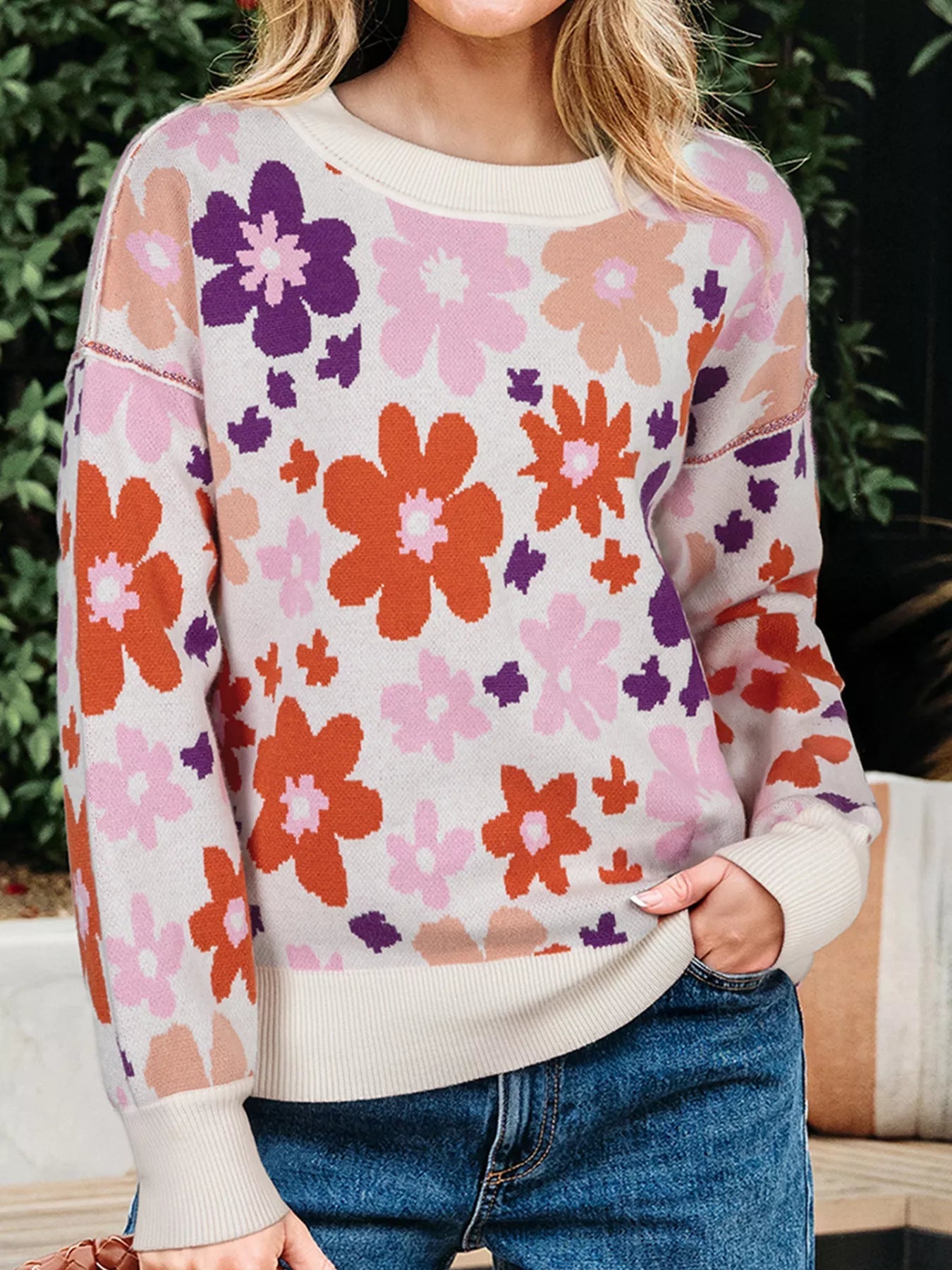 Floral Pattern Drop Shoulder Sweater designed for comfort and style at Lookzlike