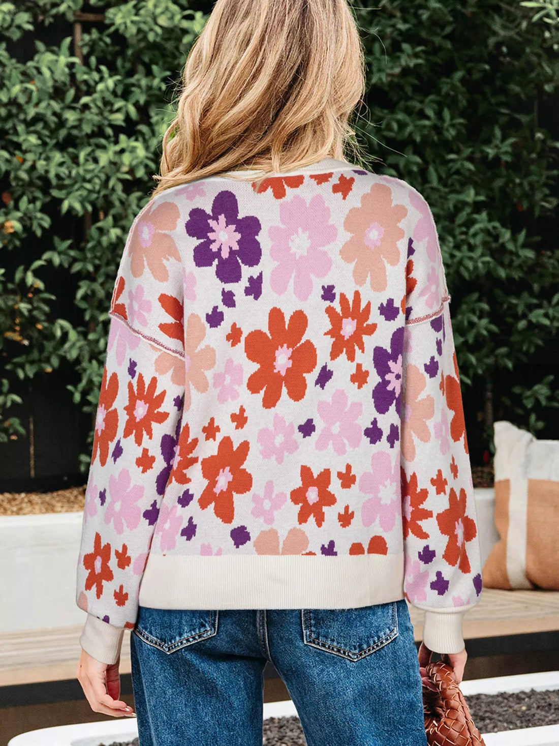 Floral Pattern Drop Shoulder Sweater designed for comfort and style at Lookzlike