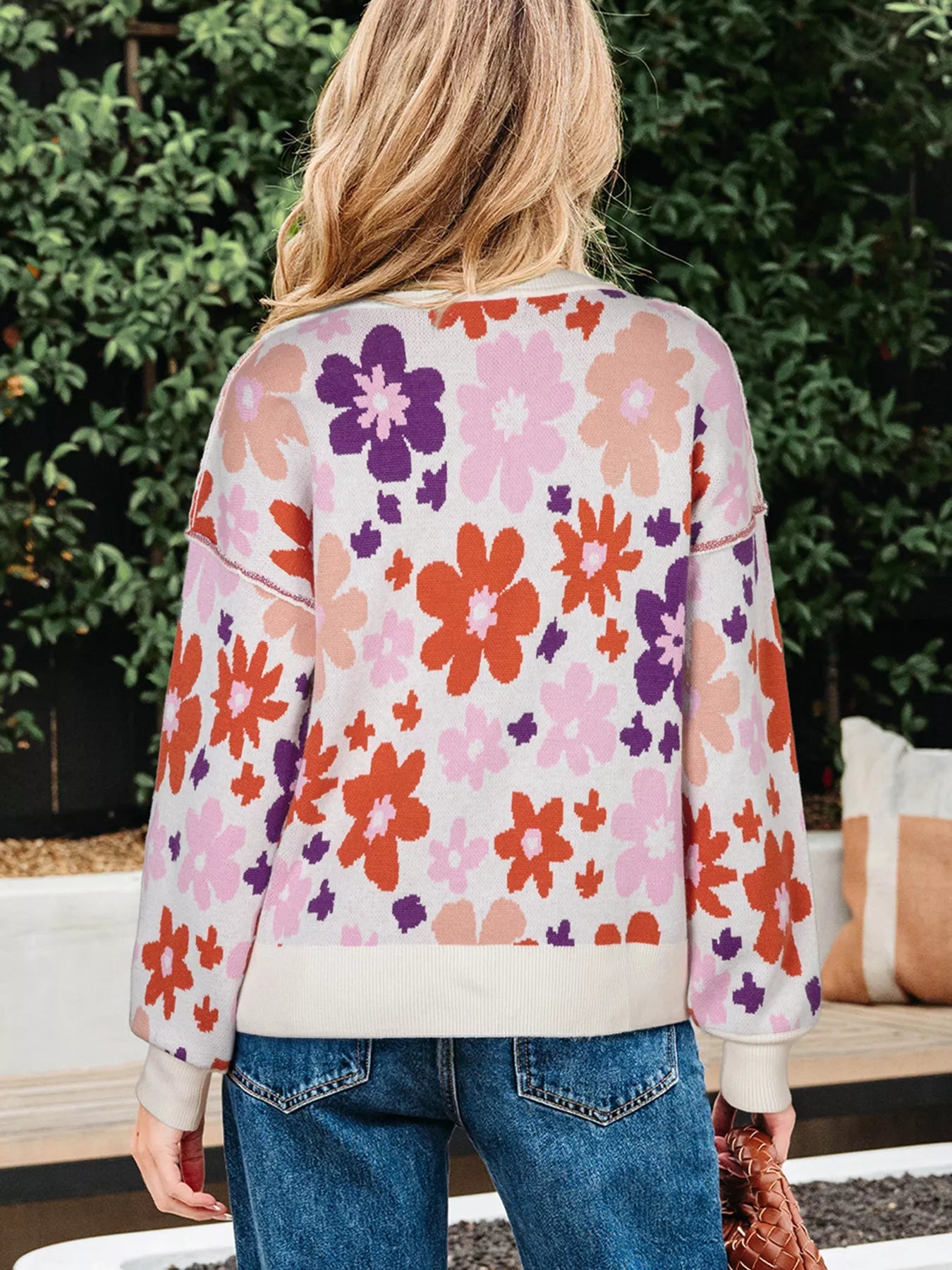 Floral Pattern Drop Shoulder Sweater designed for comfort and style at Lookzlike