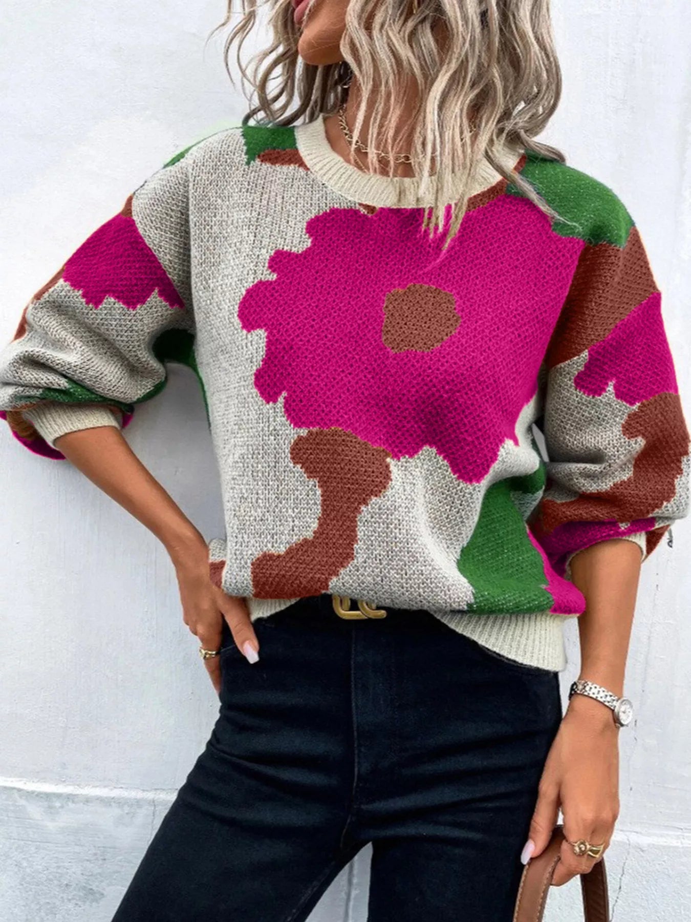 Floral Pattern Round Neck Sweater designed for comfort and style at Lookzlike