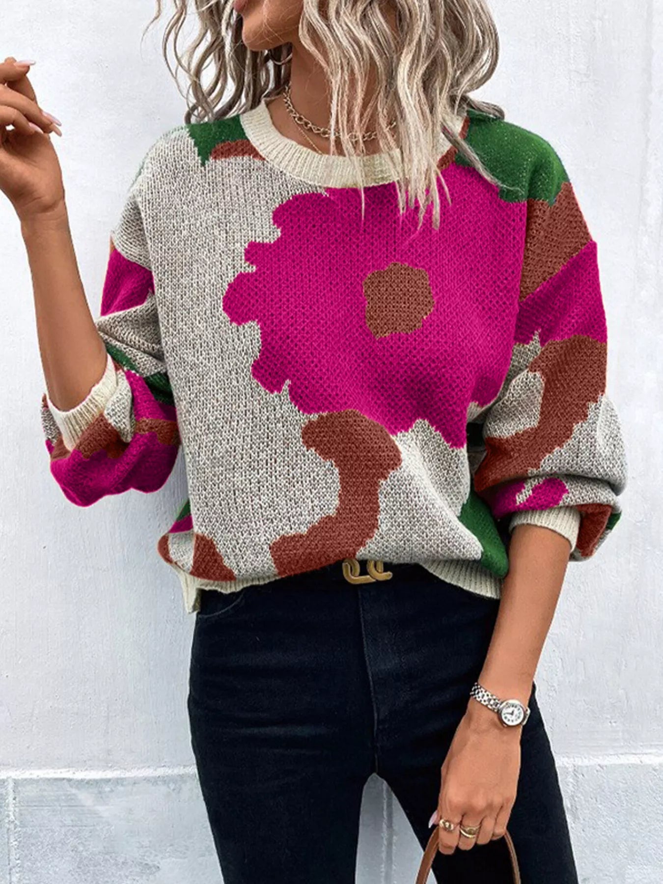 Floral Pattern Round Neck Sweater designed for comfort and style at Lookzlike