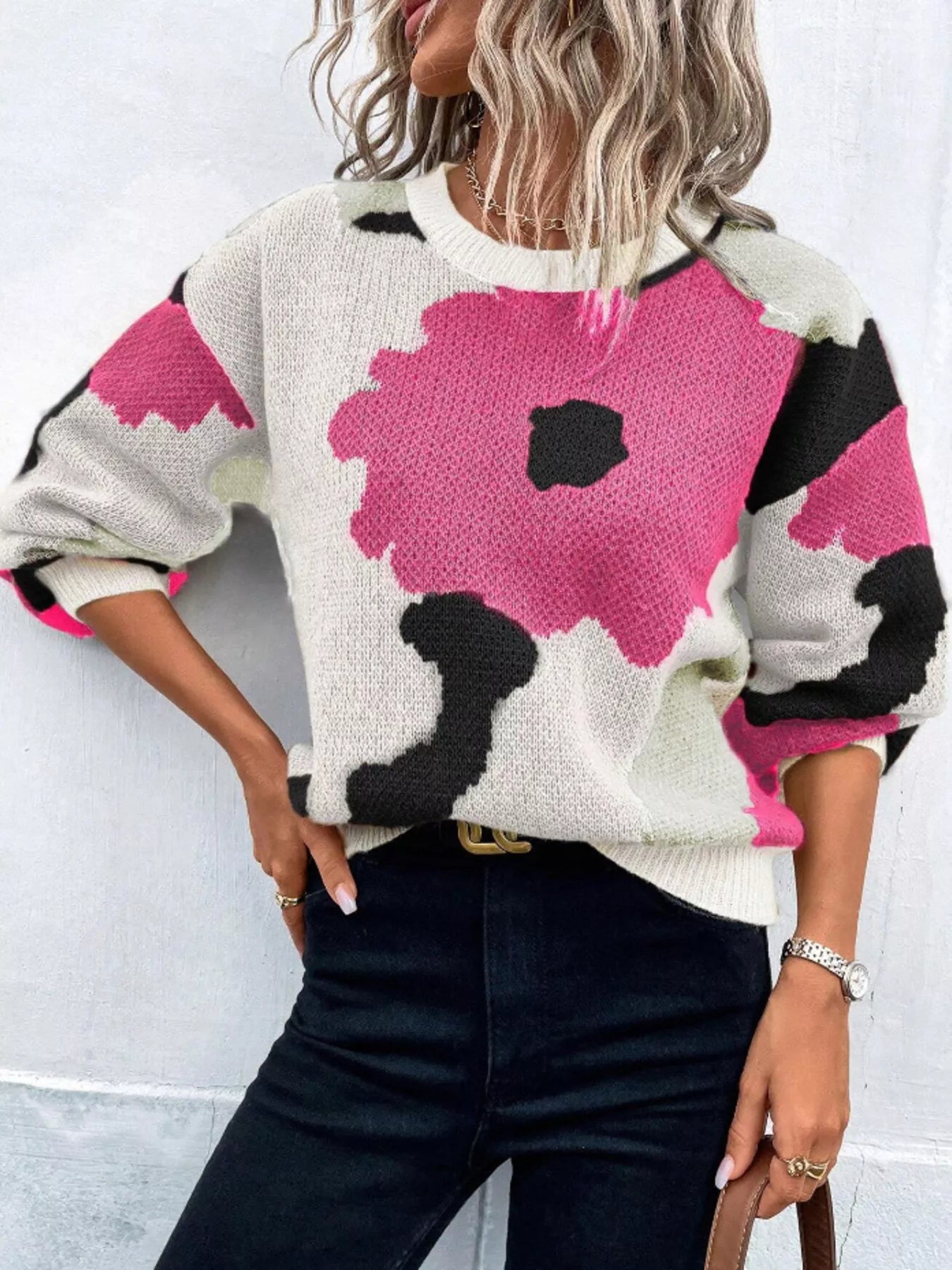 Floral Pattern Round Neck Sweater designed for comfort and style at Lookzlike