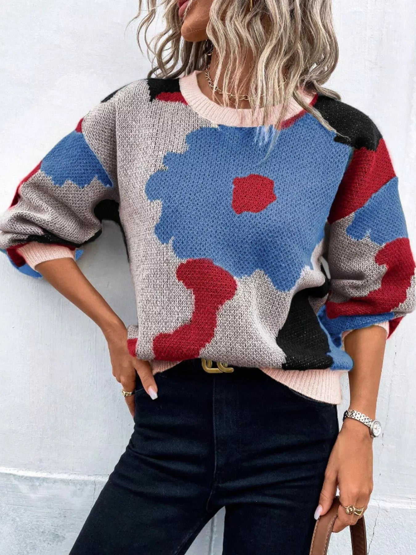 Floral Pattern Round Neck Sweater designed for comfort and style at Lookzlike
