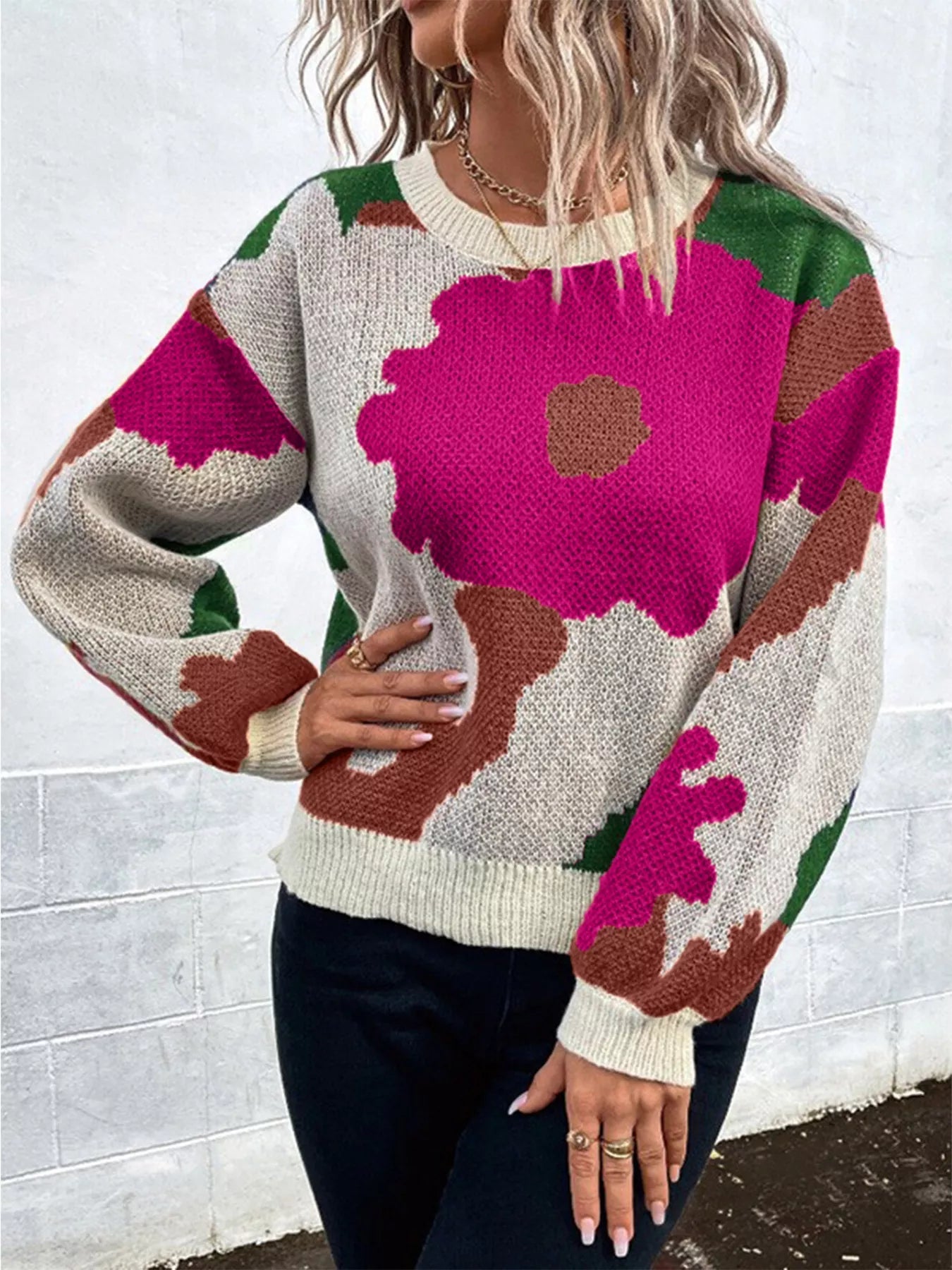 Floral Pattern Round Neck Sweater designed for comfort and style at Lookzlike