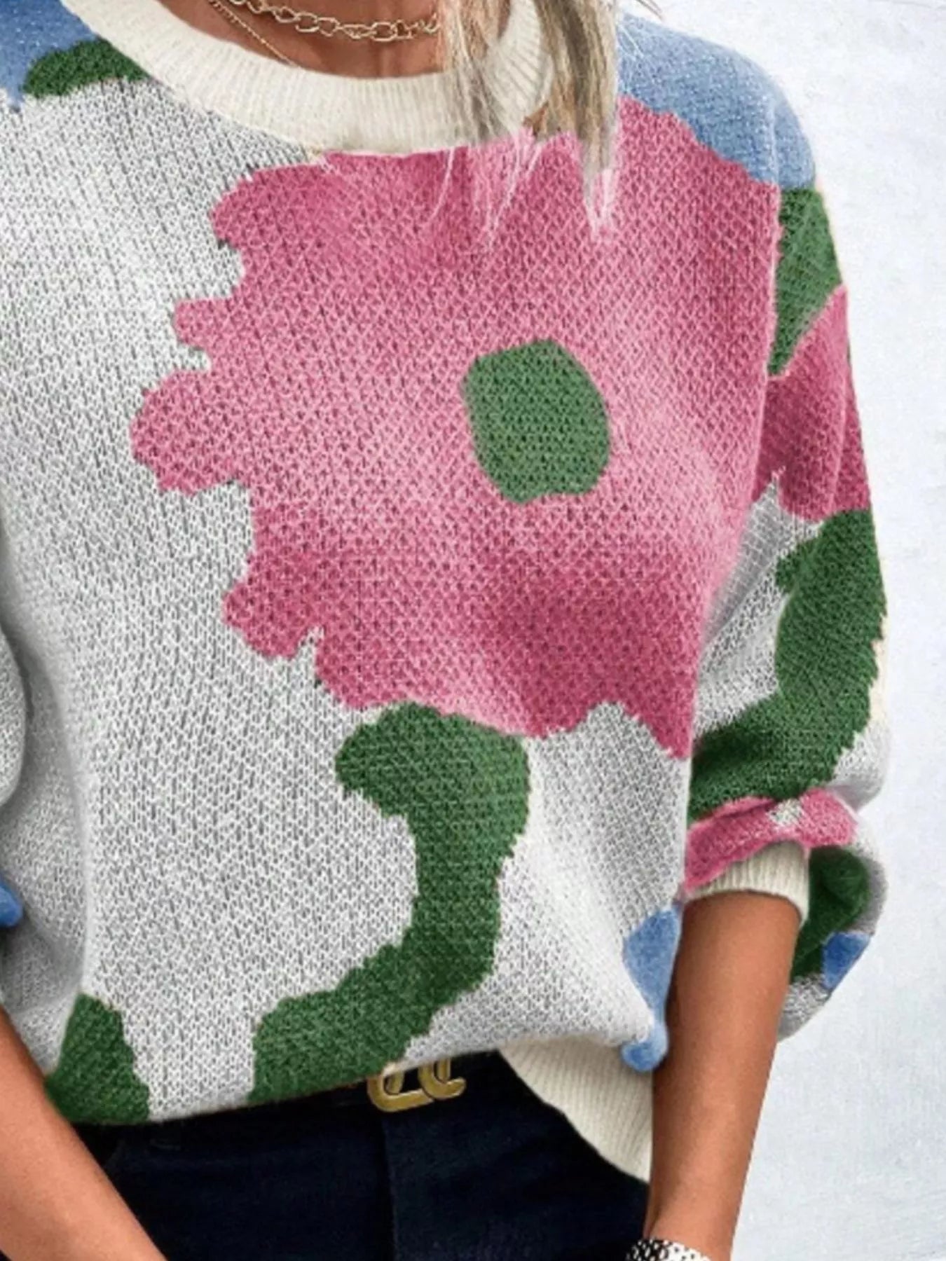 Floral Pattern Round Neck Sweater designed for comfort and style at Lookzlike
