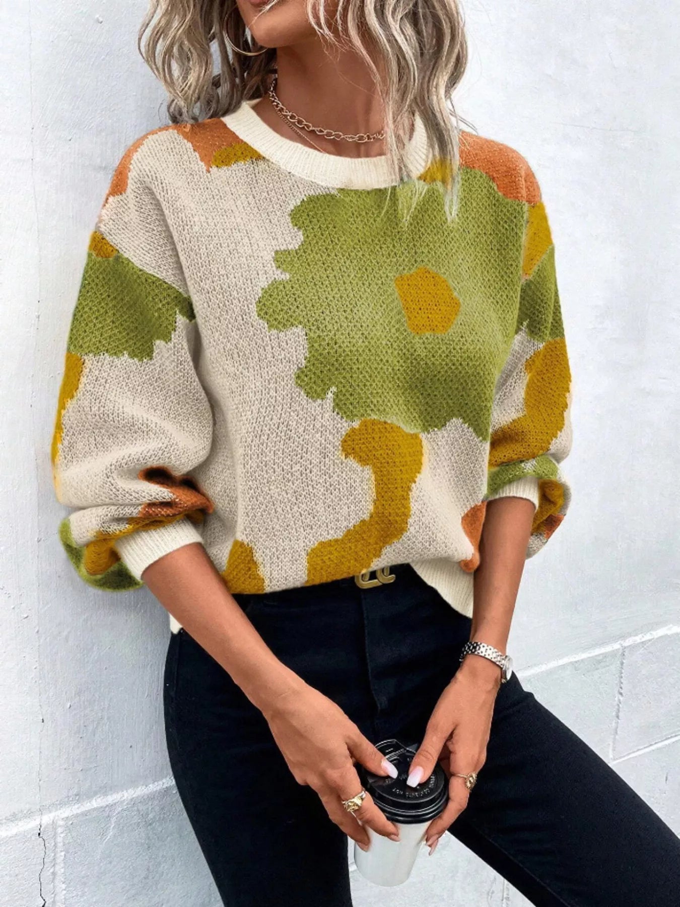 Floral Pattern Round Neck Sweater designed for comfort and style at Lookzlike
