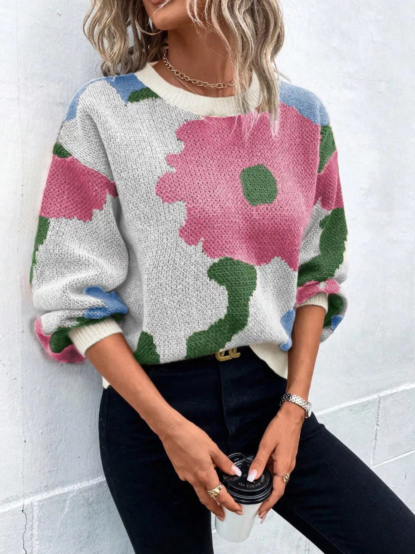Floral Pattern Round Neck Sweater designed for comfort and style at Lookzlike