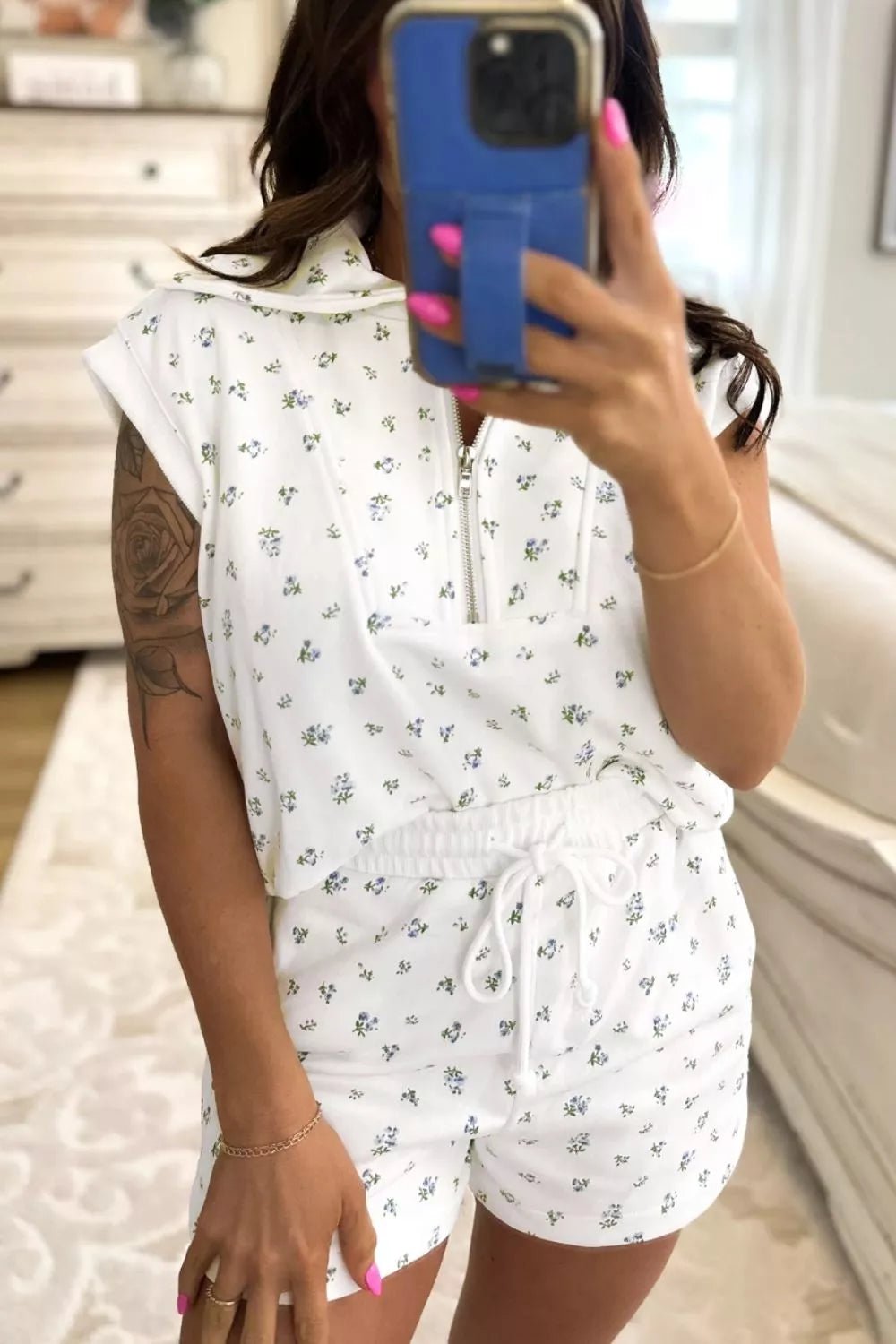 Floral Print Half Zip Top Matching Short Set designed for comfort and style at Lookzlike