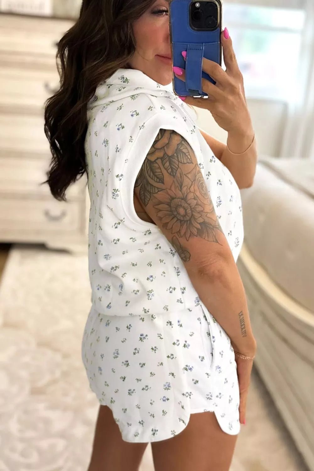 Floral Print Half Zip Top Matching Short Set designed for comfort and style at Lookzlike