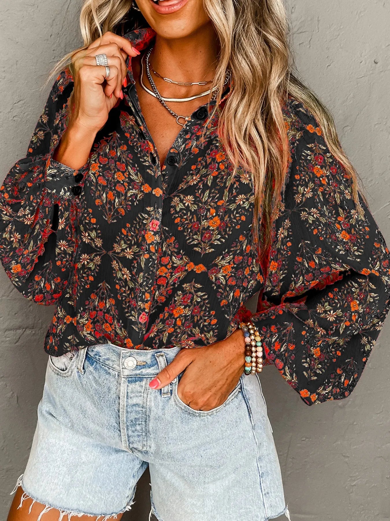 Floral Print Lantern Sleeve Loose Shirt - Lookzlike