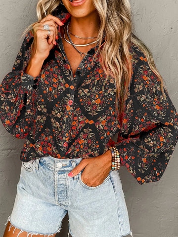 Floral Print Lantern Sleeve Loose Shirt - Lookzlike